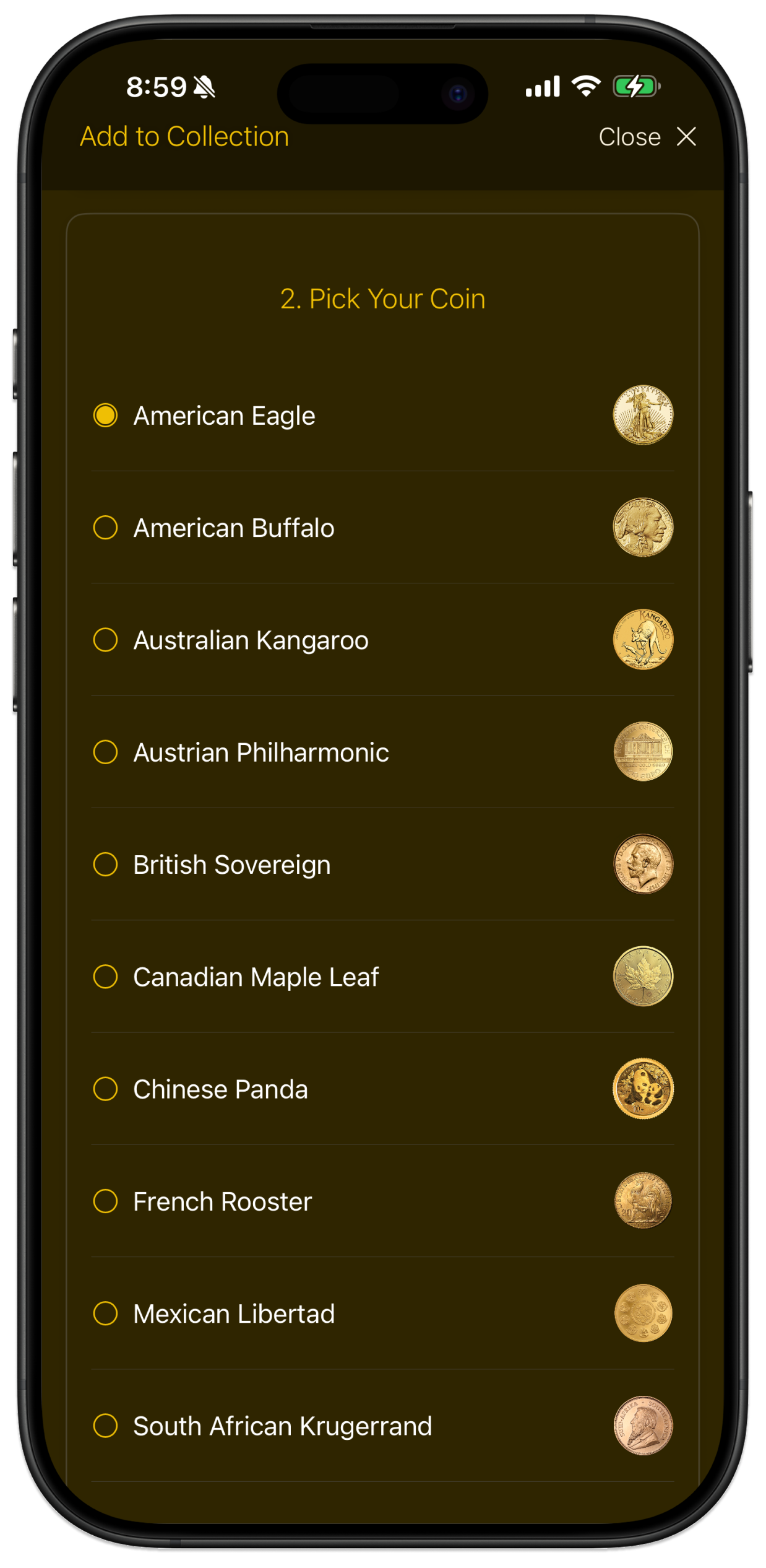 AuLedger coin picker showing American Eagle, Buffalo, Kangaroo and other gold coins