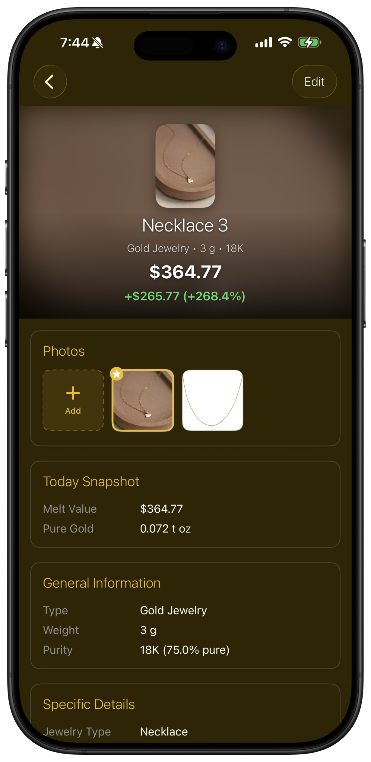 AuLedger item detail screen showing a gold necklace with melt value, purity, and photo