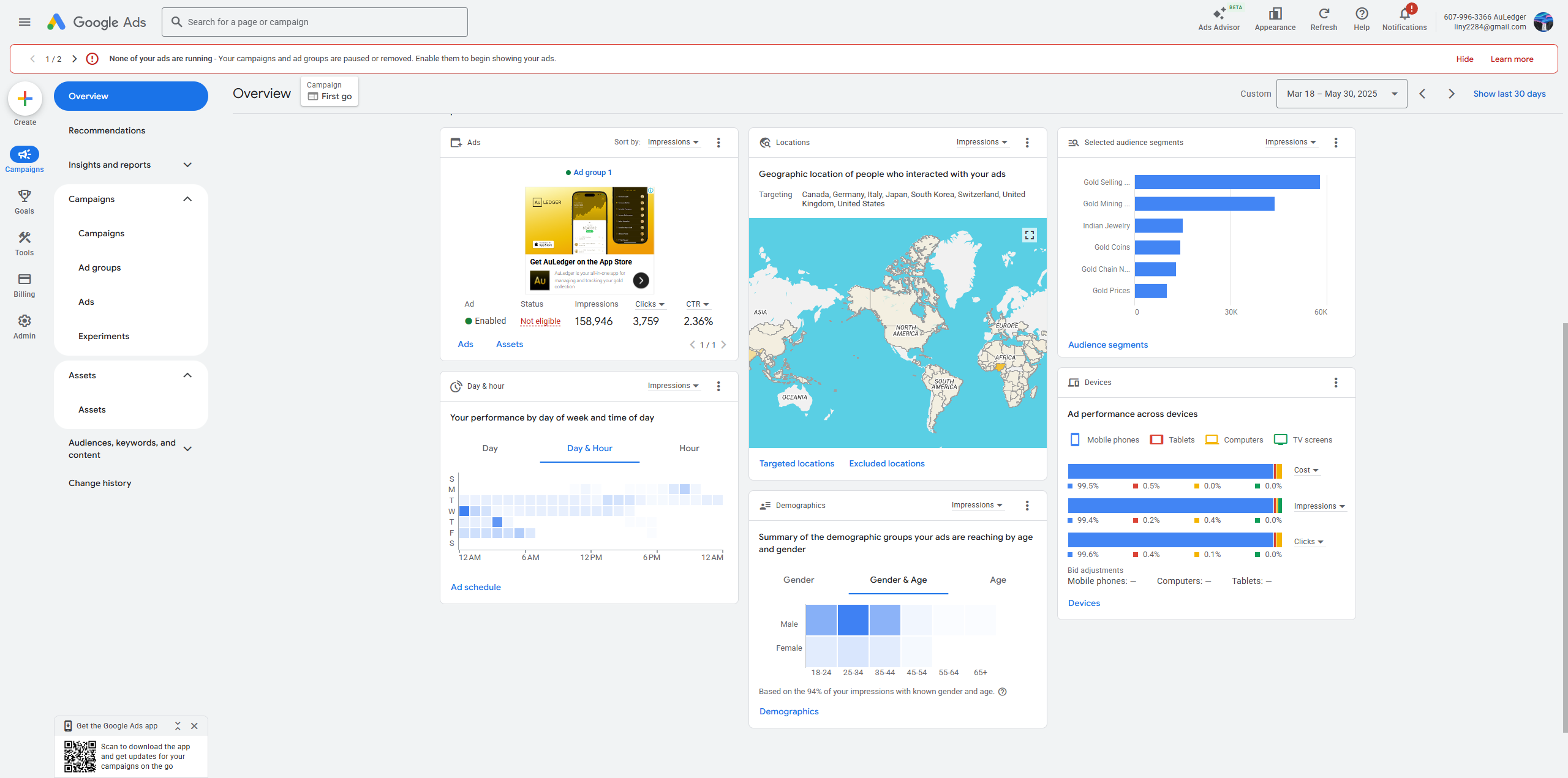 Google Ads campaign dashboard for AuLedger